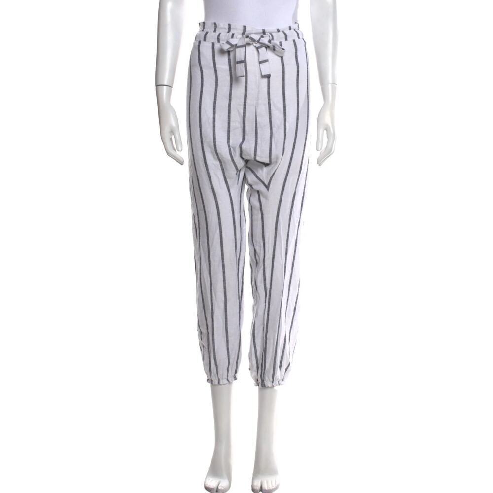 Lido World M/L Drawstring Stripe Paperbag Pants White Linen Straight Tie Waist